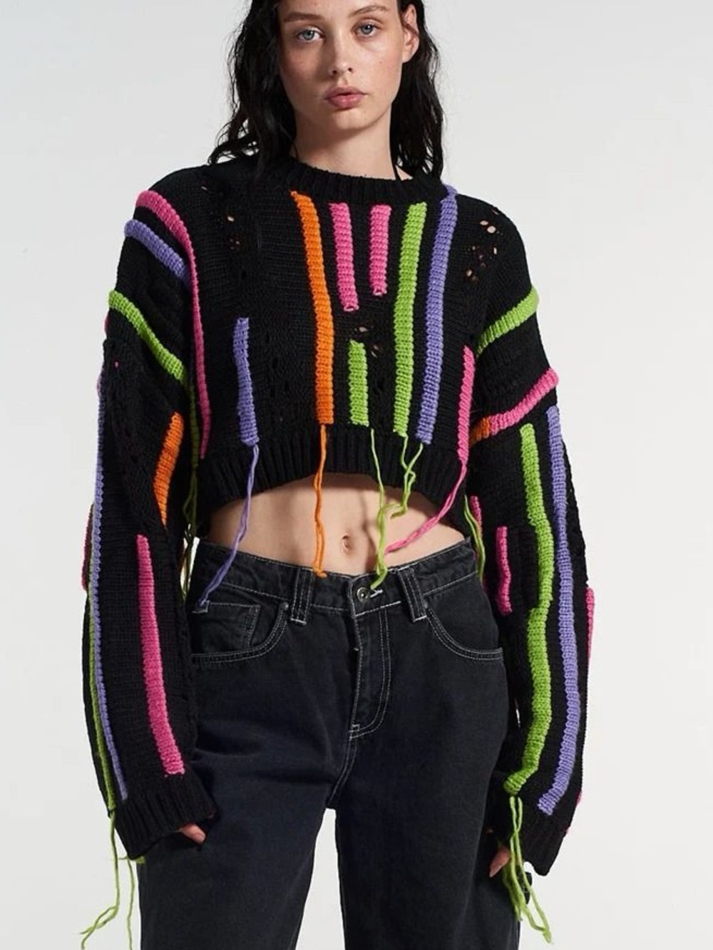 Multicolor knit fringe cropped sweater black blue pink